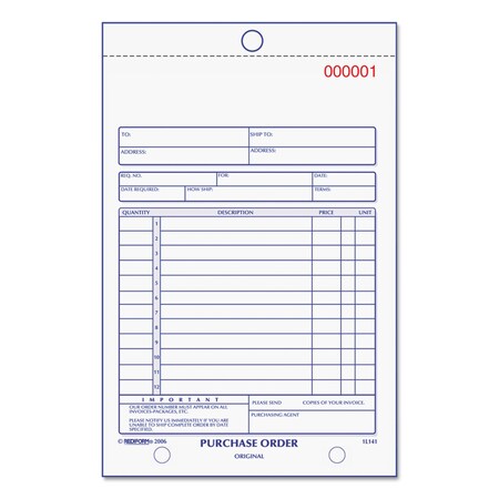 Rediform Purchase Order Book, Three-Part Carbonless, 5.5 x 7.88, 1/Page, 50 Forms 1L141